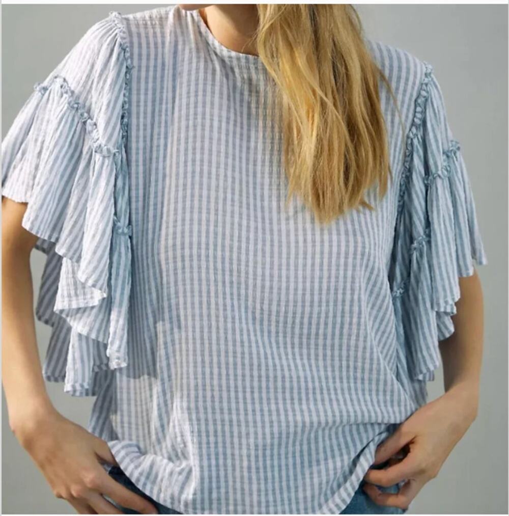 Pilcro Anthropologie Striped Short Ruffle Sleeve Blouse Top Blue White